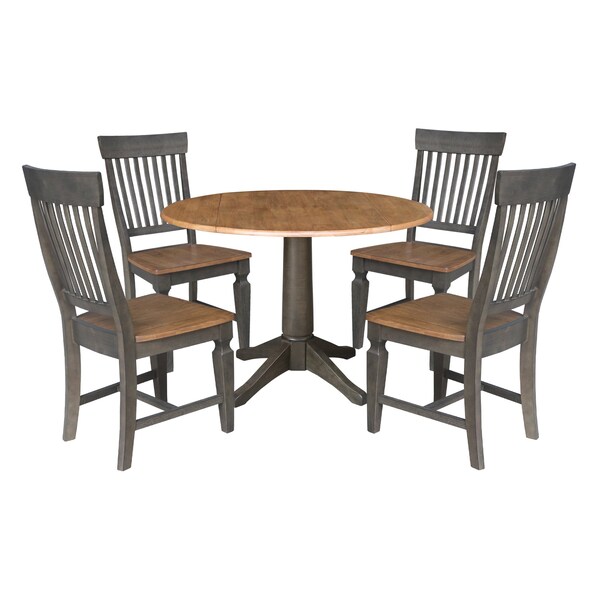 International Concepts Round Round 42 in. Dual Drop Leaf Dining Table with 4 Slatback Chairs in Hickory/Washed Coal, Wood K45-42DPT-27B-C65-4 - main